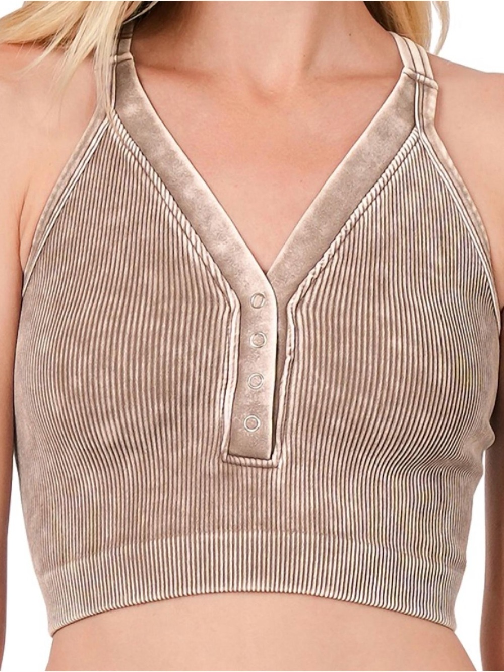 Zenana Washed Mocha Ribbed Cropped Henley Tank Padded Brami